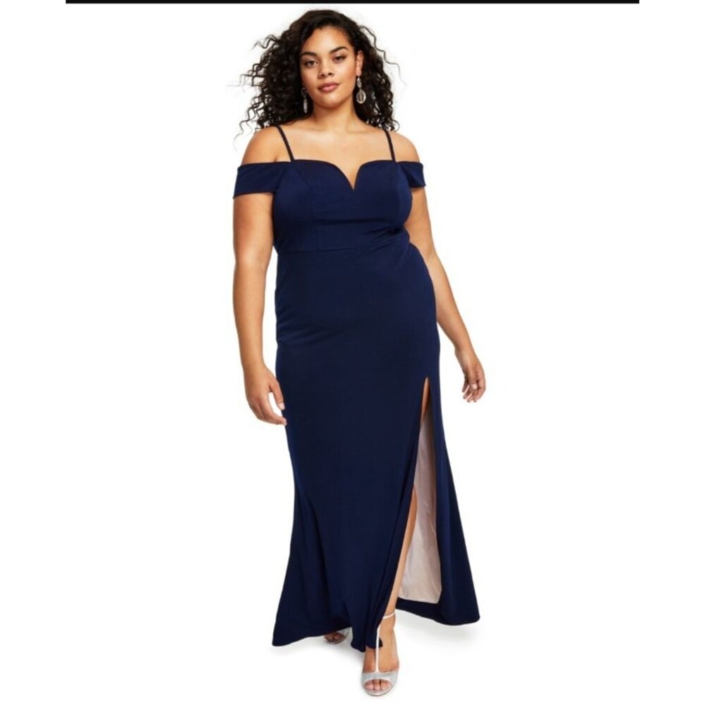 City Studio Womens Sz 16W Off-The-Shoulder High Slit Dress Gown Blue Sweetheart